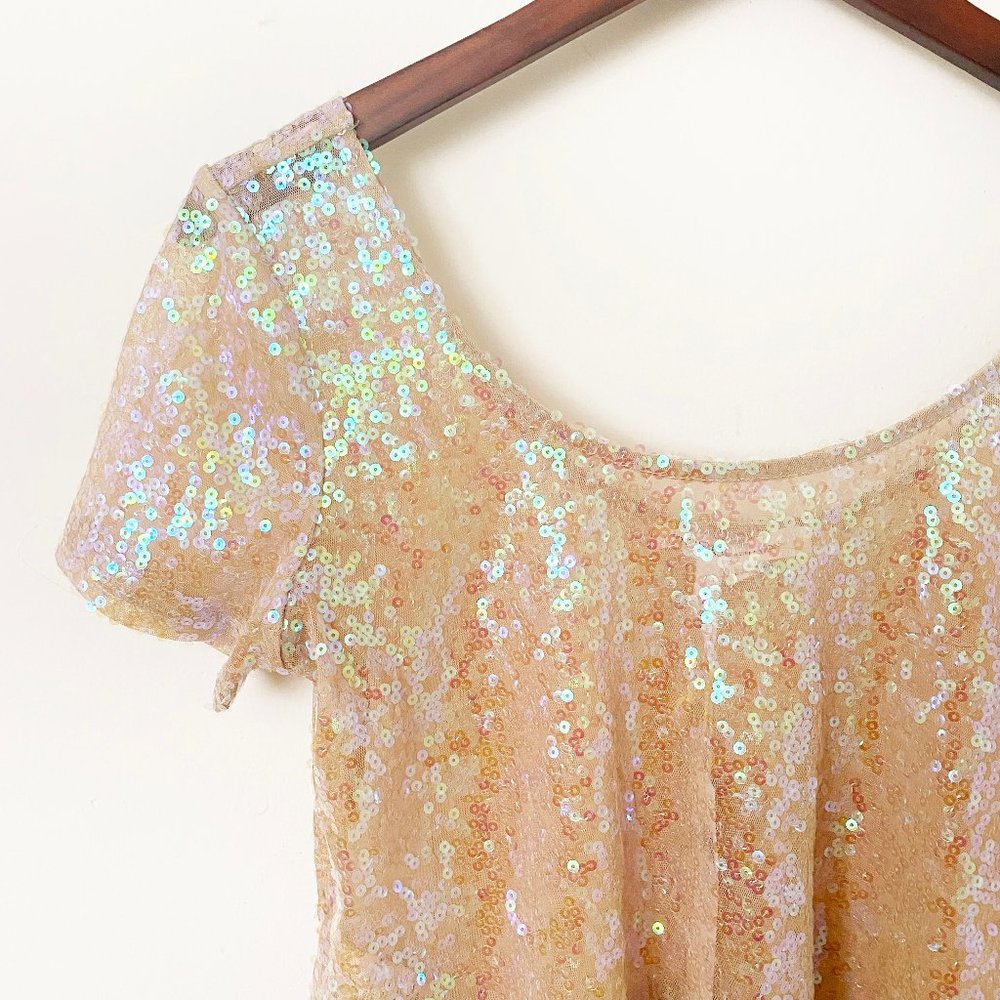 BCBGeneration Sheer Sequin Short Sleeve Crop Top